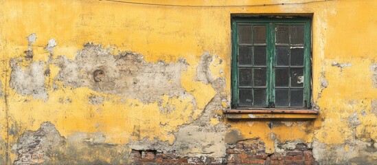 Wall Mural - Rough textured aged yellow concrete wall with dark spots and green window frame, emphasizing unique character and historical beauty.