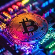 © ANZ studio - Close-up of a bitcoin on a colorful circuit board.