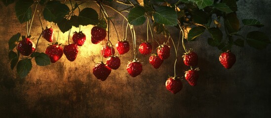 Wall Mural - Backlit ripe strawberries hanging from the vine illuminated by warm light showcasing vibrant reds and lush green leaves against a dark background