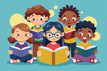 Poster - A group of five children enjoys reading various books, sharing laughter and stories during a sunny day, Kids reading Customizable Disproportionate Illustration