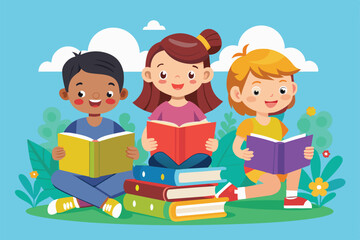 Poster - Three children happily read books while sitting on the grass surrounded by colorful plants and a clear blue sky, Kids reading Customizable Flat Illustration