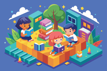 Poster - Three kids joyfully read in a vibrant outdoor space, surrounded by books and trees, Kids reading Customizable Isometric Illustration