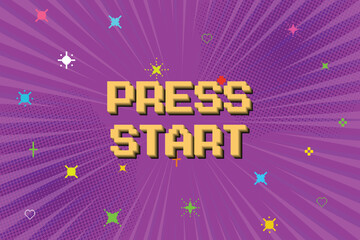 Poster - press start on purple background. pixel art. 8 bit game. retro game. for game assets in vector illus