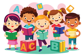 Poster - Kids happily explore their ABC books together, sharing their joy of learning in a vibrant environment, kids with abc books