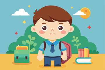Poster - A cheerful young student stands with a backpack near school supplies, bright trees, and a sunny sky, Kindergarten student Customizable Flat Illustration
