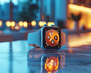 Poster - Smartwatch on marble surface, reflecting light.