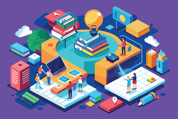 Poster - the illustration depicts various people engaged in learning activities within a colorful, customizab