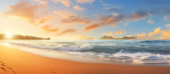 Wall Mural - serene ocean view at sunset with golden sands on the beach, gentle waves, vibrant orange and blue sk