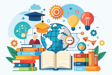Poster - This artwork showcases education and knowledge through books, light bulbs, and learning symbols, Knowledge education, learning, explain concept