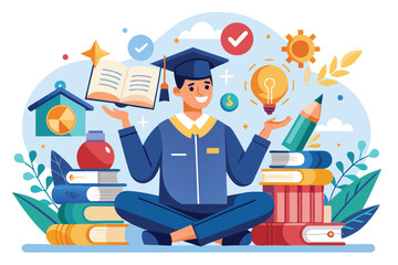 Poster - A cheerful student sits cross-legged with books, exploring knowledge and learning, Knowledge gain, academic studying, cognitive academic research,