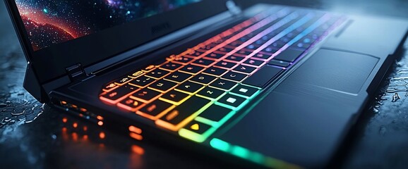Poster - Close-up of a gaming laptop with RGB backlit keyboard.