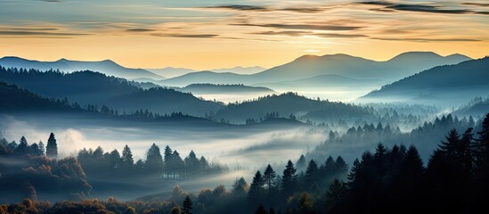 Wall Mural - Majestic Carpathian mountain landscape at dawn with misty valleys and layered silhouettes of trees in soft blue and orange hues.