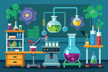 Poster - A customizable cartoon lab with colorful glassware and equipment for fun experiments, Laboratory Customizable Cartoon Illustration