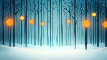 Poster - A beautiful winter forest scene featuring glowing orbs amidst snow-covered trees. This enchanting atmosphere captures the magic of nature in a serene and tranquil setting.