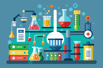 Poster - A creative lab displays glassware with colorful liquids, emphasizing the spirit of scientific exploration, Laboratory Customizable Disproportionate Illustration