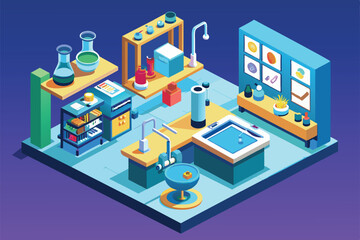Poster - An isometric lab illustration with customizable workstations, equipment, and storage solutions, Laboratory Customizable Isometric Illustration