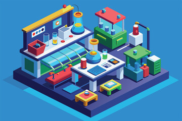 Poster - A vibrant isometric illustration showcases a customizable laboratory with various equipment and work areas, Laboratory Customizable Isometric Illustration