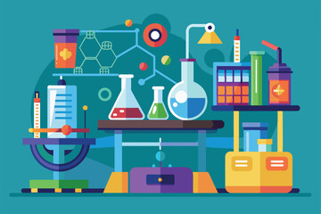 Poster - A vibrant laboratory display showcasing colorful glassware, equipment, and molecular graphics on a flat surface, Laboratory Customizable Semi Flat Illustration