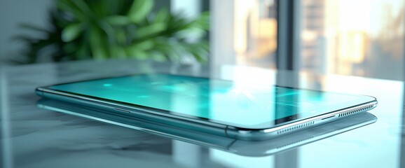 Poster - Modern smartphone with teal screen on glass table.