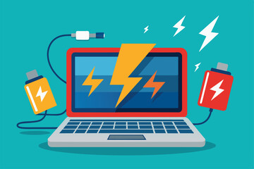 Poster - a vibrant laptop displays electric symbols, highlighting the connection of charging cables and batte