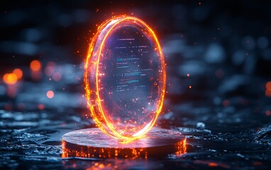 Poster - Glowing ring portal with digital code on dark background.
