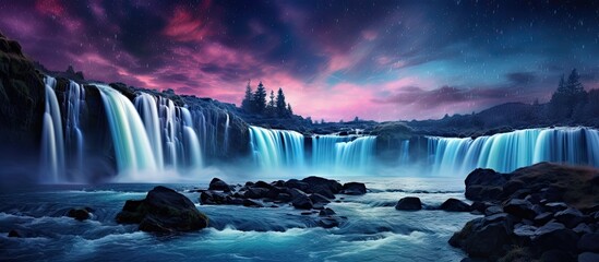 Wall Mural - vibrant waterfall cascading in shades of blue and turquoise under a starry night sky with a colorful