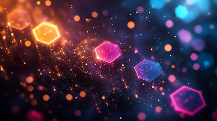 Wall Mural - a dark background with an abstract grid of glowing hexagon