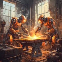 Aufkleber - Robots, Metal, Workshop, Orange, Sparks, Industrial, Technology, Automation, Machinery, Crafting, Welding, Tools, Heavy, Environment, Factory, Creativity, Engineering, Innovations, Steel