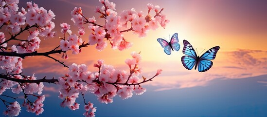 Wall Mural - serene sunset with pink cherry blossoms on left, two vibrant blue butterflies in mid-air, and soft g