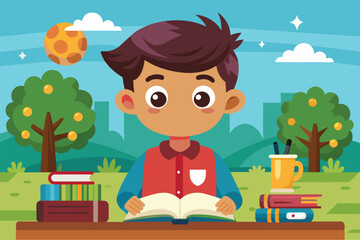 Poster - A boy sits at a table in a colorful landscape, reading a book surrounded by trees, books, and a drink, Learning Customizable Cartoon Illustration