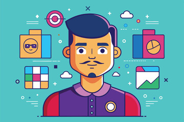 Poster - A man in a polo shirt creatively showcases various customizable illustration elements in vibrant colors, Learning Customizable Disproportionate Illustration