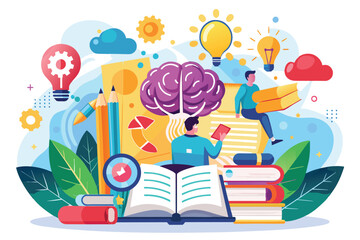 Poster - Individuals engage with visual learning tools, illustrating the concept of intelligence development using creativity, learning intelligence with fast time