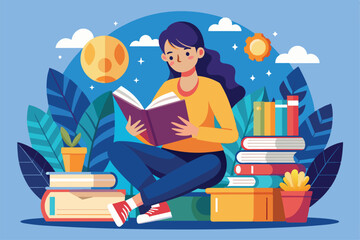 Poster - A person sits happily reading a book among piles of books with plants in a vibrant outdoor setting, learn to find information through books