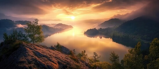 Wall Mural - panoramic sunset view over a serene lake with misty clouds and distant hills featuring vibrant orang