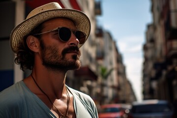 A man wearing a straw hat and sunglasses is standing on a city street