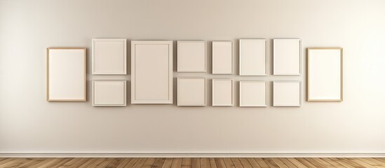 Wall Mural - Blank picture frames arranged symmetrically on a light beige wall above a warm wooden floor creating an elegant gallery-style mockup.