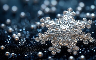 Poster - Silver snowflake on dark glitter background.