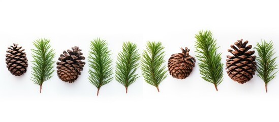 Christmas decoration featuring a horizontal arrangement of brown pine cones and green evergreen branches set against a white background.