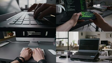 Split screen of hands of unknown young men coding on laptop and personal computer, examining code on smartphone while working in office