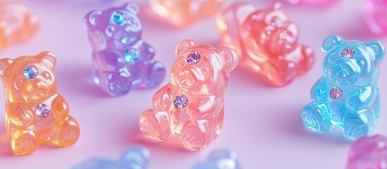 Close up of colorful gummy bear accessories in pink blue and purple with sparkling jewels set against a soft pastel background ideal for whimsical themes