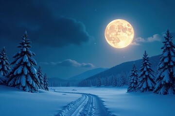 Wall Mural - Moon's gentle light illuminates the winter scene, landscape, sky, light