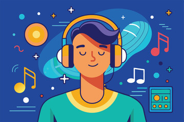 Poster - A young person listens to music while wearing headphones surrounded by vibrant, cosmic artwork, listening to music