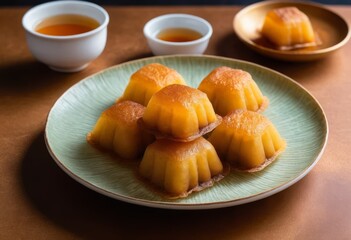 Canvas Print - Golden Brown Custard Cakes on Elegant Plate with Tea Cups, Close-up Still Life Photography