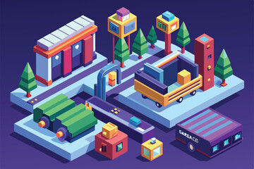 Poster - The vibrant cityscape displays customizable isometric structures with vehicles and trees for urban planning, Load more Customizable Isometric Illustration