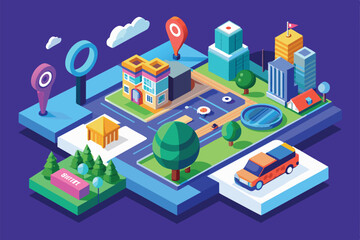 Poster - A vibrant isometric illustration of a customizable city layout with buildings and location markers, Location search Customizable Isometric Illustration