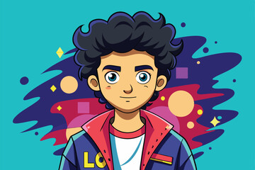 Poster - A young character with curly hair stands against a vibrant background filled with abstract colors and shapes, Lo-fi concept Customizable Cartoon Illustration