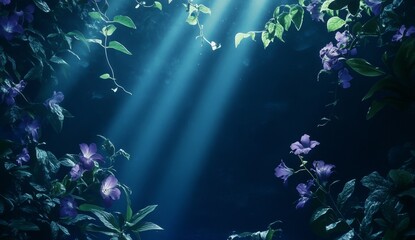 Wall Mural - Mystical night scene with purple flowers and light rays.