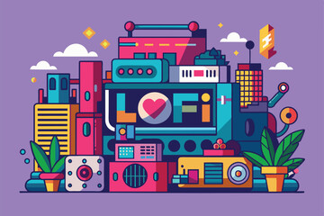 Poster - A vibrant lofi-inspired illustration displays unique buildings and plants in a lively urban environment, Lo-fi concept Customizable Semi Flat Illustration