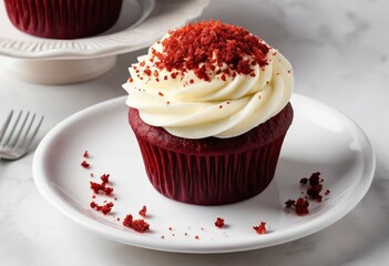 Canvas Print - Red Velvet Cupcake with Cream Cheese Frosting and Red Sprinkles on White Plate