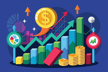 Poster - The dollar market is depicted with growth charts, financial symbols, and gold coins illustrating trends, Look at the dollar market price